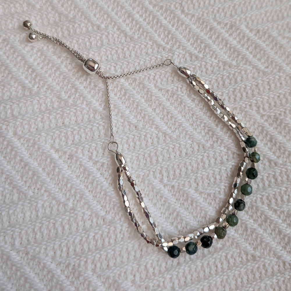 Sterling Silver Beaded Bracelet with Green Gem Accents